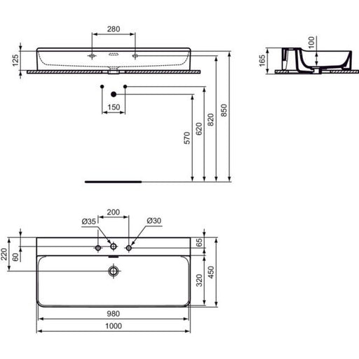 Ideal Standard - Waschtisch CONCA, 3 Hl., m.Ül., 1000x450x165mm, Weiß mit IdealPlus