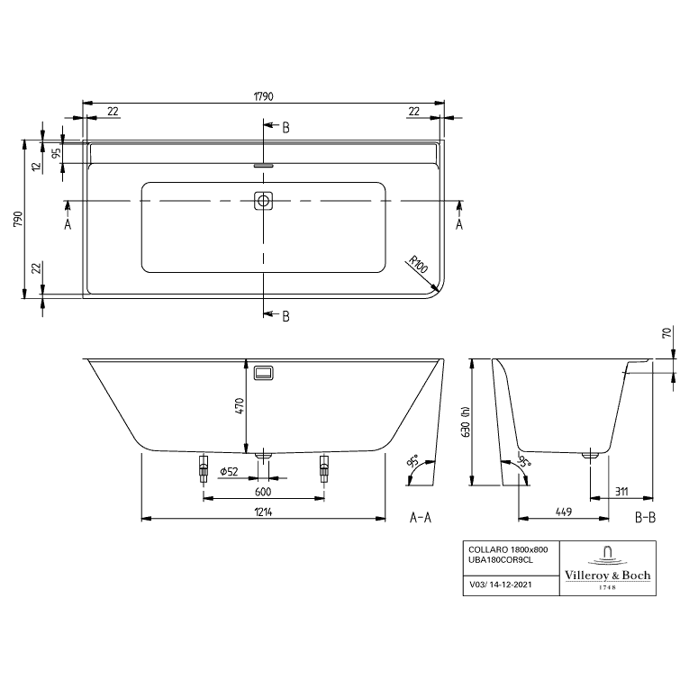 VILLEROY & BOCH - Vorwand-Badewanne Collaro VN 1800x 800x620mm linke Ausführung Weiß Alpin
