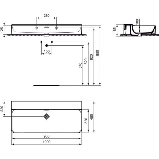 Ideal Standard - Waschtisch CONCA, o.Hl., m.Ül., 1000x450x165mm, geschliffen, Weiß