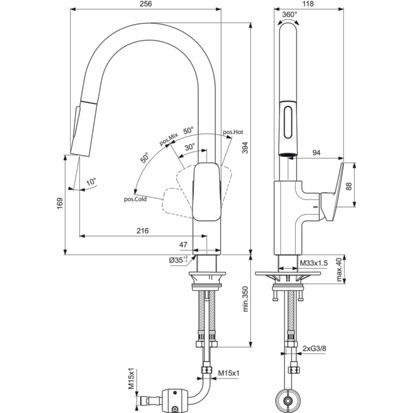 Ideal Standard - Küchenarmatur CERAPLAN Ausld.216mm m.h.Rohrauslauf 1F-HB Chrom