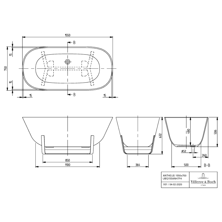 VILLEROY & BOCH - Badewanne Antheus 1550x750x620mm Solo Freistehend Stone White
