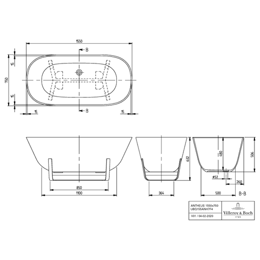 VILLEROY & BOCH - Badewanne Antheus 1550x750x620mm Solo Freistehend Stone White