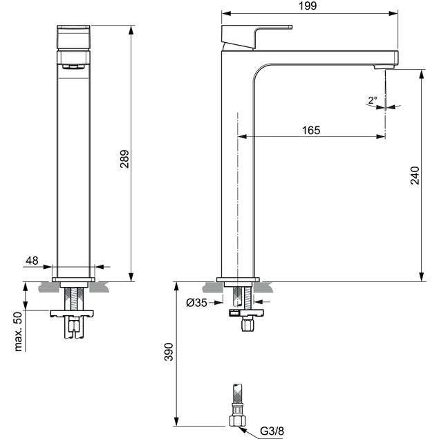 Ideal Standard - WT-Armatur EDGE, m.verl. Sockel, 5 l/min., o.Ablgarn., Ausld.165mm, Chrom
