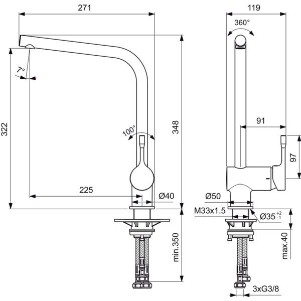 Ideal Standard - Küchenarmatur CERALOOK, ND, m.hohem Auslauf, Ausld.225mm, Chrom