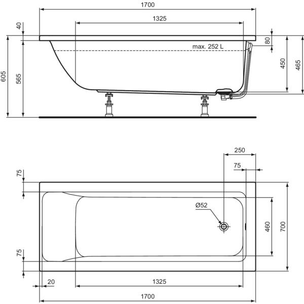 Ideal Standard - Körperform-Badewanne CONNECT AIR, 1700x700x475mm, Weiß