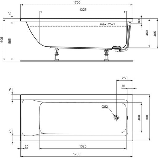 Ideal Standard - Körperform-Badewanne CONNECT AIR, 1700x700x475mm, Weiß