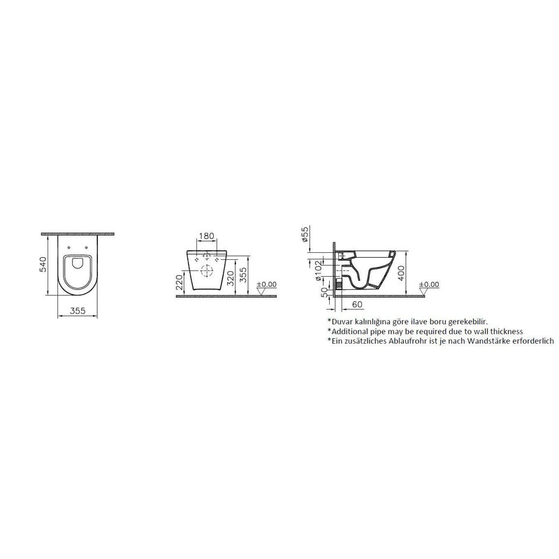 VitrA Bad - Tiefspül-Wand-WC Integra Spülrand 355 x 540 mm V-Fit 2.0 Weiß Hochglanz