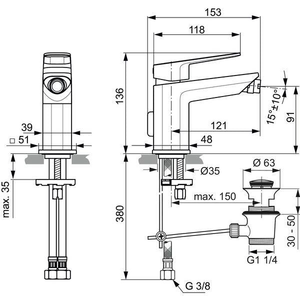 Ideal Standard - Bidetarmatur TONIC II, m.Ablgarn., Ausld. 121mm, Chrom