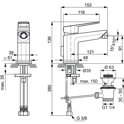 Ideal Standard - Bidetarmatur TONIC II, m.Ablgarn., Ausld. 121mm, Chrom