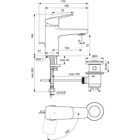 Ideal Standard - Waschtischarmatur CERAPLAN H75 m.Ablaufgarn. Ausld.103mm BlueStart Chr
