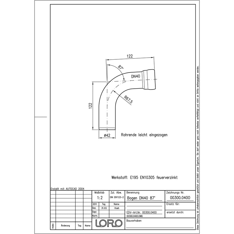 Lorowerk - Bogen 00300.040O DN 40 87 Grad