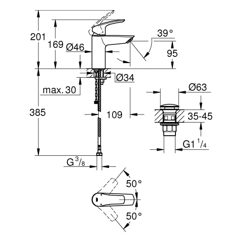 Grohe - EH-WT-Batterie EUROSMART 23988_3 S-Size offener Hebel PO-Ablaufgrt. chrom