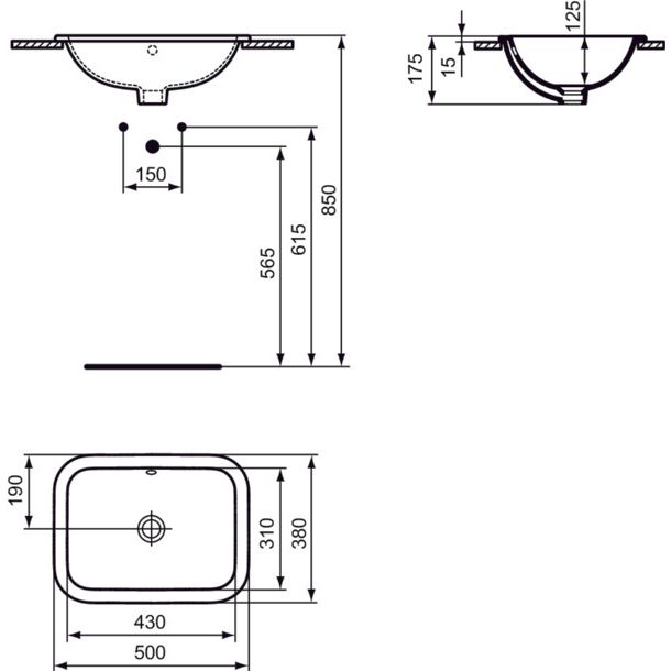 Ideal Standard - Einbauwaschtisch CONNECT, rechteckig, o. Hl., m.Ül., 500x380x175mm, Weiß