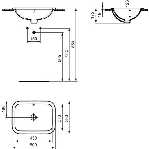 Ideal Standard - Einbauwaschtisch CONNECT, rechteckig, o. Hl., m.Ül., 500x380x175mm, Weiß