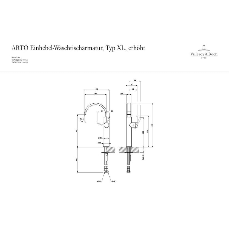 VILLEROY & BOCH - Waschtischarmatur XL H245mm seitl. bedienbar o.Ablaufgarnitur verchromt