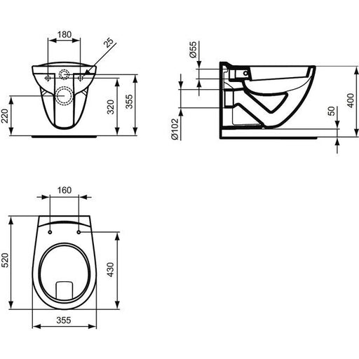 Ideal Standard - Wandflachspül-WC EUROVIT, 355x520x370mm, Weiß