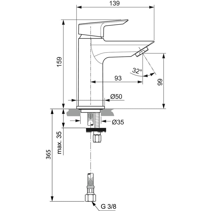 Ideal Standard - Waschtischarmatur TESI, 5 l/min., o.Ablgarn., Ausld.93mm, Chrom
