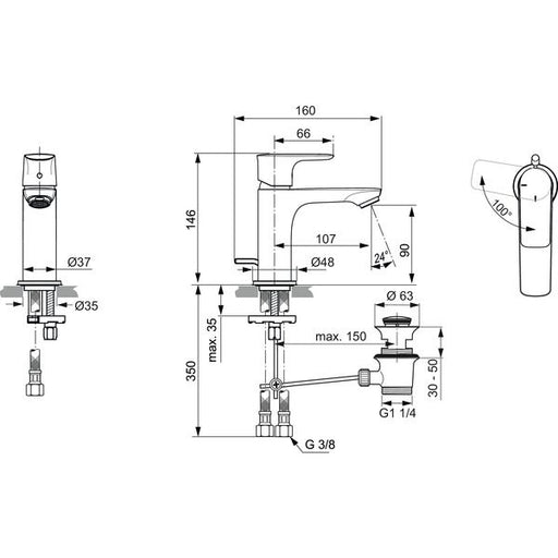 Ideal Standard - WT-Armatur CONNECT AIR, Slim, 5l/min, m.Ablgarn., BlueStart, Sundance gold