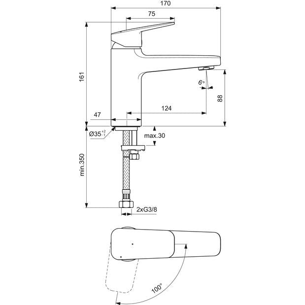 Ideal Standard - Waschtischarmatur CERAPLAN H90 o.Ablaufgarn. Ausld.124mm BlueStart Chr
