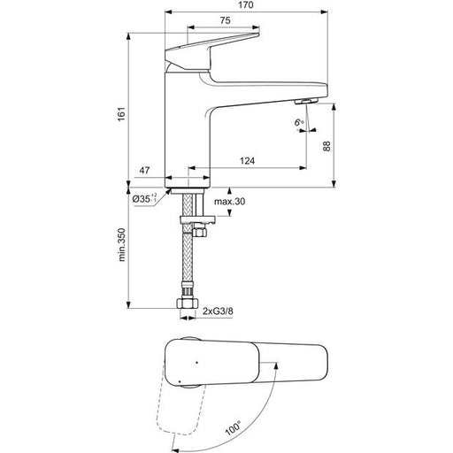 Ideal Standard - Waschtischarmatur CERAPLAN H90 o.Ablaufgarn. Ausld.124mm BlueStart Chr