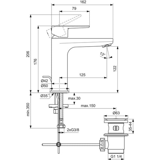 Ideal Standard - Waschtischarmatur CERAFINE O, H120, m.Ablgarn., Ausld.125mm, Chrom