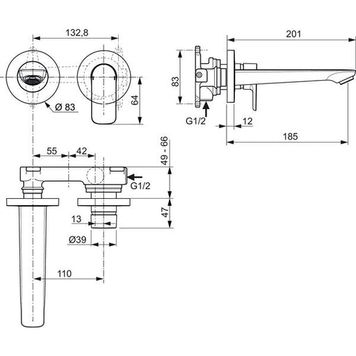 Ideal Standard - Wand-WT-Armatur UP CONNECT AIR, BS2, 5 l/min., Ausld. 185mm, Sundance gold