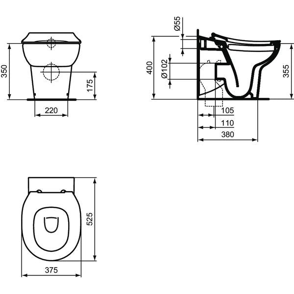 Ideal Standard - Stand-T-WC CONTOUR21 SCHOOLS,rimless, Abg.außen waagr.,360x520x400mm, Weiß