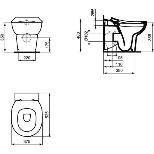 Ideal Standard - Stand-T-WC CONTOUR21 SCHOOLS,rimless, Abg.außen waagr.,360x520x400mm, Weiß