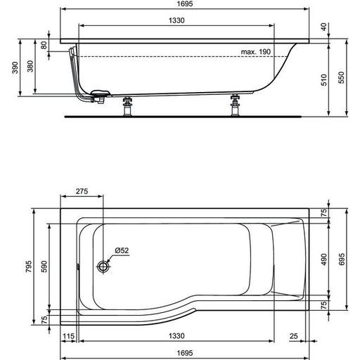 Ideal Standard - Dusch-Badewanne CONNECT AIR, Version li., 1700x800x465mm, Weiß