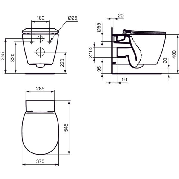 Ideal Standard - Wand-T-WC CONNECT, AquaBlade, unsichtbare Bef., 360x540x340mm, Weiß