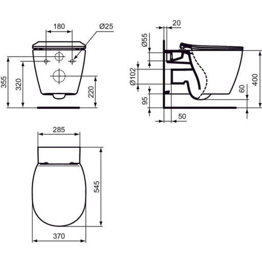 Ideal Standard - Wand-T-WC CONNECT, AquaBlade, unsichtbare Bef., 360x540x340mm, Weiß