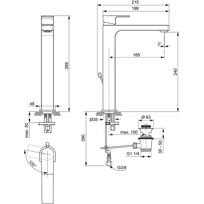 Ideal Standard - WT-Armatur EDGE, Slim, m.verl.Sockel, m.Ablgarn., 5l/min, BlueStart, Chrom