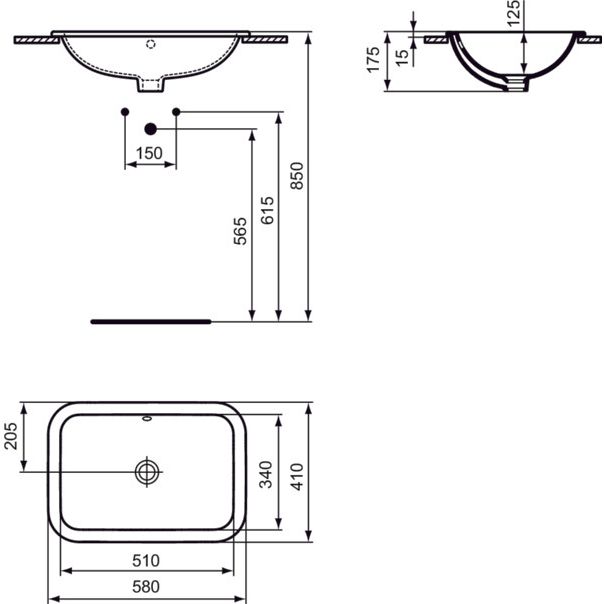 Ideal Standard - Einbauwaschtisch CONNECT, rechteckig, o. Hl., m.Ül., 580x410x175mm, Weiß