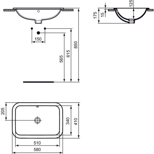 Ideal Standard - Einbauwaschtisch CONNECT, rechteckig, o. Hl., m.Ül., 580x410x175mm, Weiß