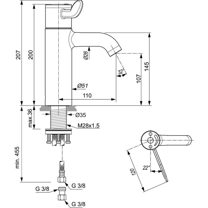 Ideal Standard - Waschtisch-Thermostat CERAPLUS 2 ohne Ablaufgarn., Ausld. 110mm, Chrom