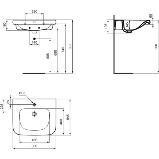 Ideal Standard - Waschtisch CONTOUR 21 650mm V2168 unterfahrbar weiß