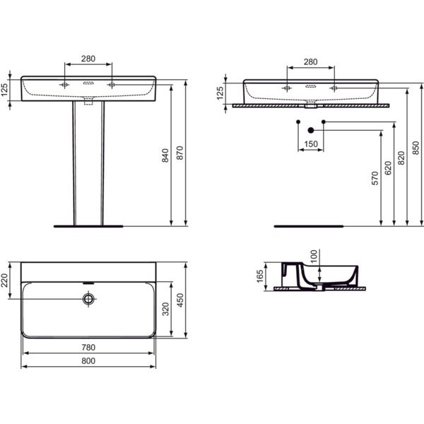 Ideal Standard - Waschtisch CONCA, o.Hl., m.Ül., 800x450x165mm, Weiß mit IdealPlus