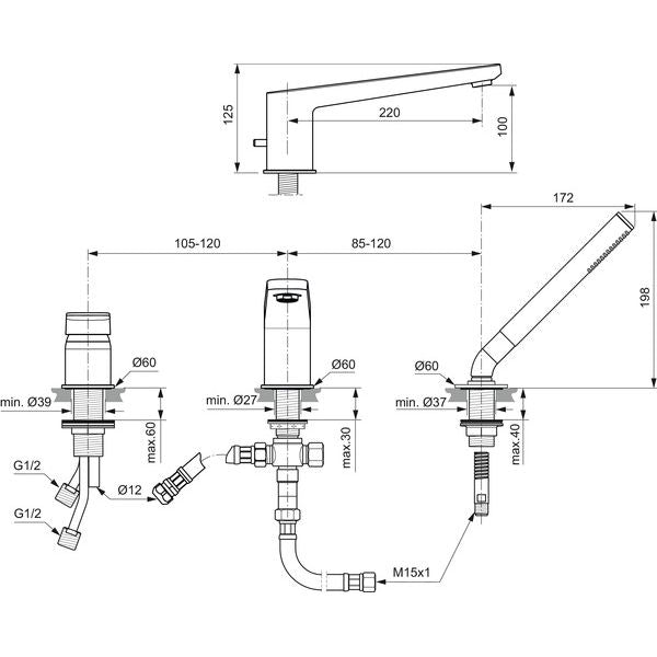 Ideal Standard - 3-Loch-Badearmatur TONIC II, m. Wanneneinlauf und Handbrause, Chrom