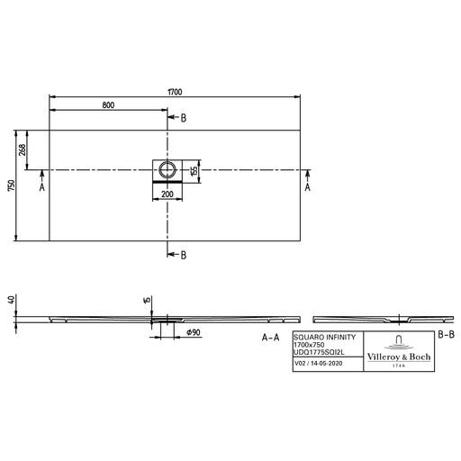 VILLEROY & BOCH - Duschwanne Squaro Infinity 1700x750x40mm re-eckig EB:li Anthracite