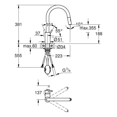 Grohe - EH-SPT-Batterie CONCETTO 31483 h. Ausl. azb.Spülbrause GROHE ZERO chrom
