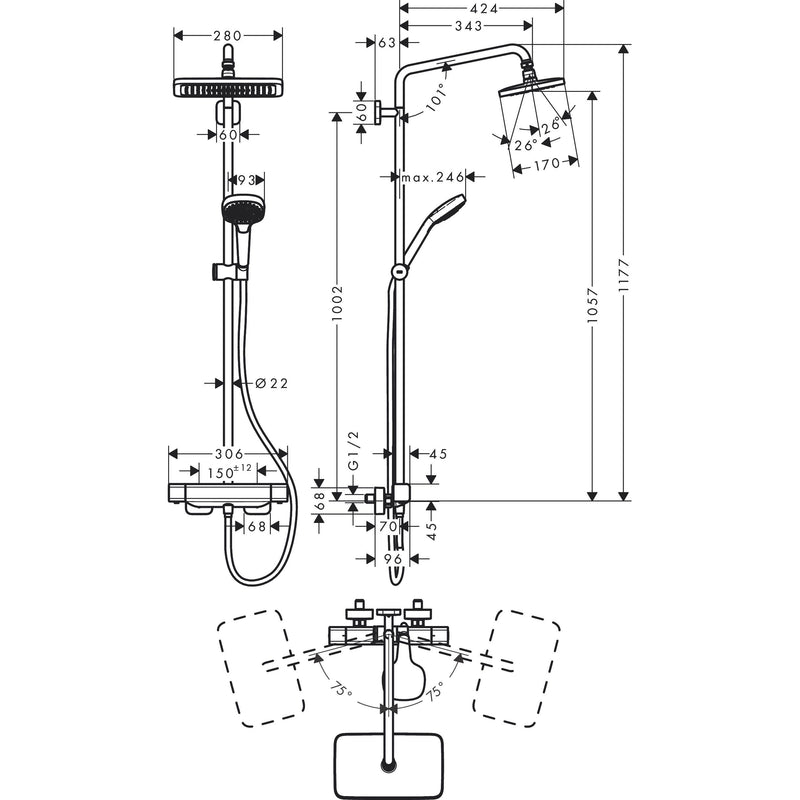 Hansgrohe - Showerpipe CROMA E 280 1jet chrom mit Brausethermostat