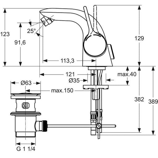 Ideal Standard - Bidetarmatur MELANGE, m.Ablgarn., Ausld. 113mm, Chrom