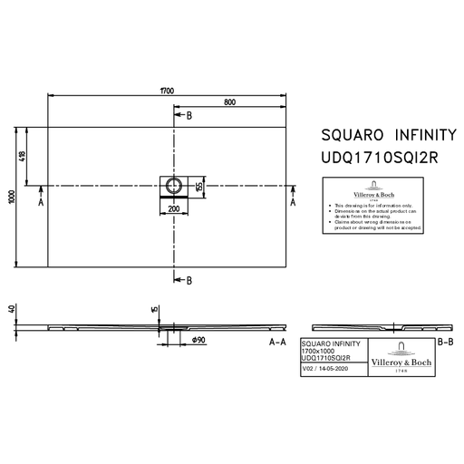 VILLEROY & BOCH - Duschwanne Squaro Infinity 1700x1000x40mm re-eckig EB:re Grey
