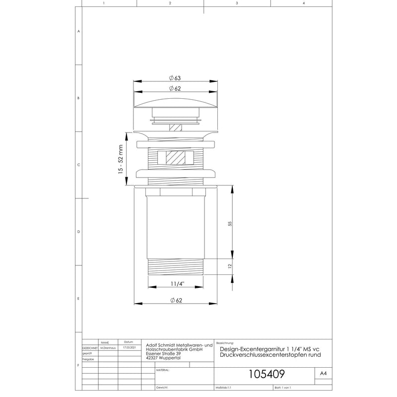 Adolf Schmidt - Design Ablaufventil verschließbar 11/4x63mm mit Überlauf chrom