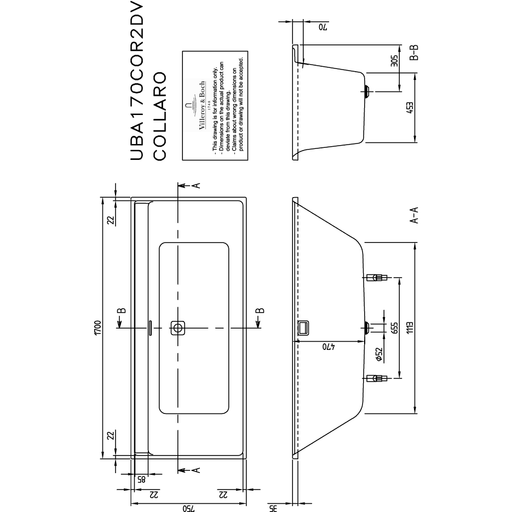 VILLEROY & BOCH - Badewanne Collaro 1700x750x620mm re-eckig m. System CC TP1 Weiß Alpin