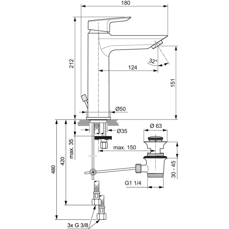 Ideal Standard - Waschtischarmatur TESI, Grande, ND, 5 l/min., m.Ablgarn., Ausld.124mm, Chrom