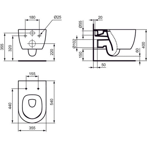 Ideal Standard - Wandtiefspül-WC BLEND Round, AquaBlade,360x545x340mm,Weiß m.IdealPlus
