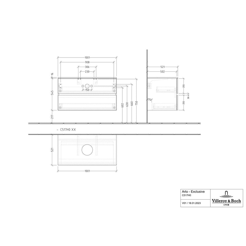 VILLEROY & BOCH - Konsolen-Unterschrank 1000mm f AWT 2 Ausz 1 Aussch oLB C517H0 VT Grey