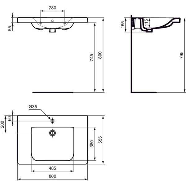 Ideal Standard - Waschtisch CONNECT FREEDOM,1Hl.,m.Ül. ,unterfahrbar, 800x555x165mm, Weiß