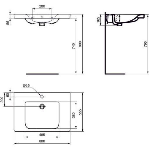 Ideal Standard - Waschtisch CONNECT FREEDOM,1Hl.,m.Ül. ,unterfahrbar, 800x555x165mm, Weiß